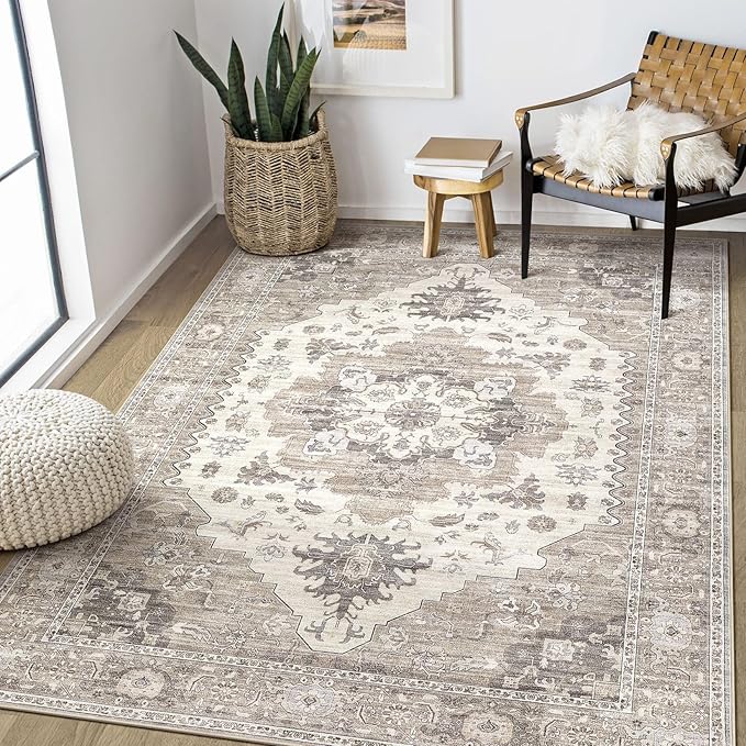 EIEIHOUSE Washable Area Rugs for Living Room - 5x7 Neutral Vintage Distressed Floral Farmhouse Boho Large Soft Floor Rug Indoor Non Slip Carpet for Living Room Bedroom Dining Room Office -Brown/Beige
