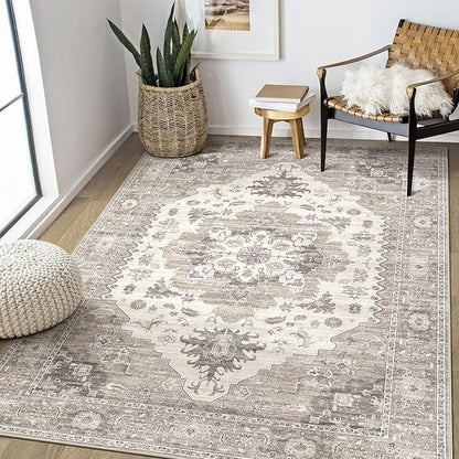 EIEIHOUSE Washable Area Rugs for Living Room - 5x7 Neutral Vintage Distressed Floral Farmhouse Boho Large Soft Floor Rug Indoor Non Slip Carpet for Living Room Bedroom Dining Room Office -Brown/Beige