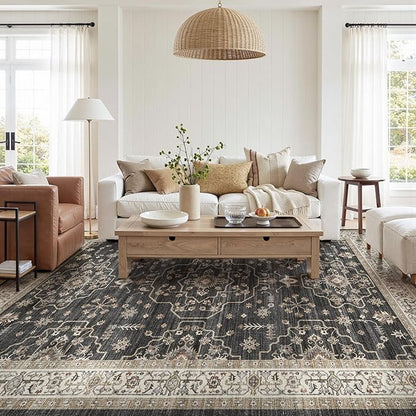 Area Rug for Living Room - 7x9 Soft Washable Oriental Vintage Floral Distressed Large Carpet - Fade Stain Resistant Non Slip Rugs for Bedroom Dining Room Nursery Dorm Office Home Decor - Black