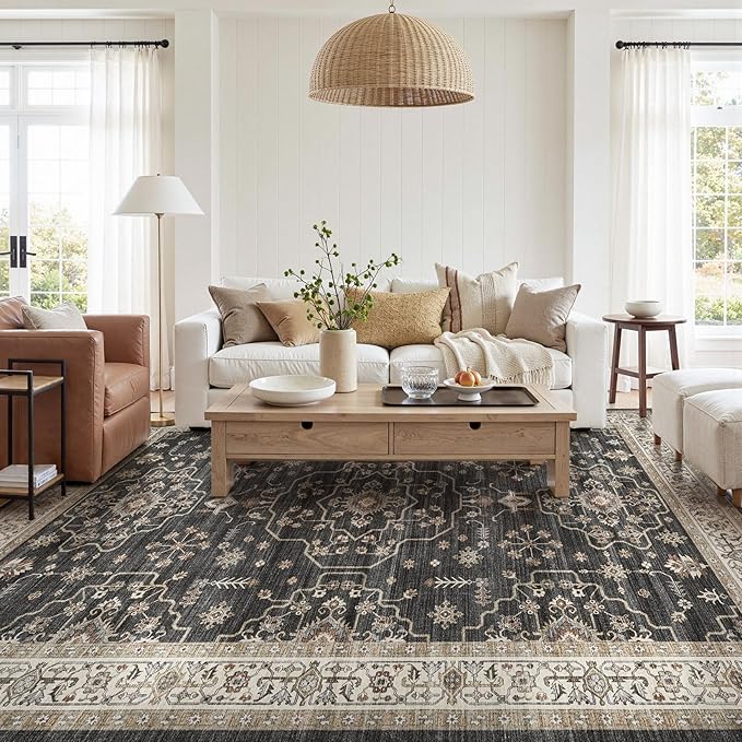 Area Rug for Living Room - 6x9 Soft Washable Oriental Vintage Floral Distressed Large Carpet - Fade Stain Resistant Non Slip Rugs for Bedroom Dining Room Nursery Dorm Office Home Decor - Black