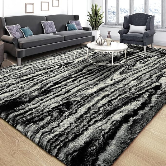 Tepook Fluffy Large Rugs for Living Room, 8x10 Area Rugs for Bedroom, Modern Shag Fuzzy Carpets for Kids Boys Girls, Plush Indoor Nursery Home Decor Rug with Non-Slip Bottom, Black White