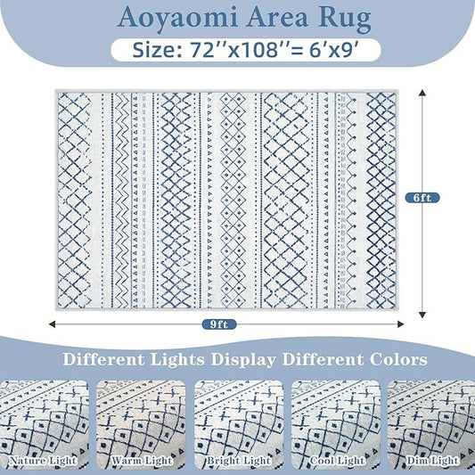 Area Rug for Living Room 6x9: Large Washable Boho Moroccan Rugs Geometric Neutral Rug, Non-Slip Foldable Morden Farmhouse Indoor Floor Carpet for Bedroom Dining Table Home(Blue,6'X9')