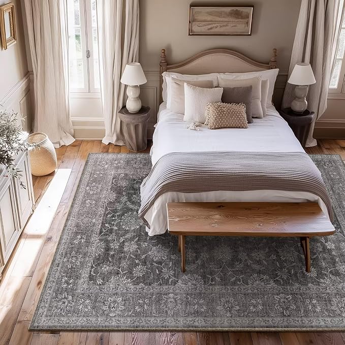 Washable 5x7 Area Rugs for Living Room, Boho Non-Slip Vintage Rugs for Bedroom Dining Room Nursery Office, 0.3" Neutral Oriental Throw Thin Carpet with Cushioning Pad, Grey/Multi, E3
