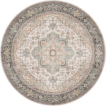 EIEIHOUSE 8ft Round Rugs for Living Room - Washable Neutral Vintage Distressed Farmhouse Large Soft Floor Area Rug Indoor Carpet for Bedroom Dining Room Office -Forest Green Orange