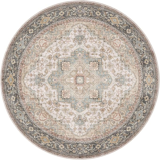 EIEIHOUSE 6ft Round Rugs for Living Room - Washable Neutral Vintage Farmhouse Large Soft Floor Area Rug Indoor Distressed Carpet for Bedroom Dining Room Office - Forest Green Orange