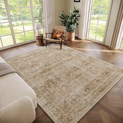 Washable 6x9 Area Rugs for Living Room, Boho Non-Slip Vintage Distress Large Rugs for Bedroom Dining Room Nursery Office, 0.3" Neutral Oriental Throw Thin Carpet, Brown/Multi, C1