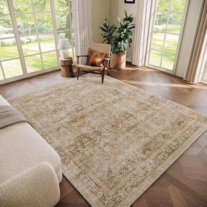 Washable 5x7 Area Rugs for Living Room, Boho Non-Slip Vintage Rug for Bedroom Dining Room Nursery Office, 0.3" Neutral Oriental Throw Thin Carpet with Cushioning Pad, Brown/Multi, C1