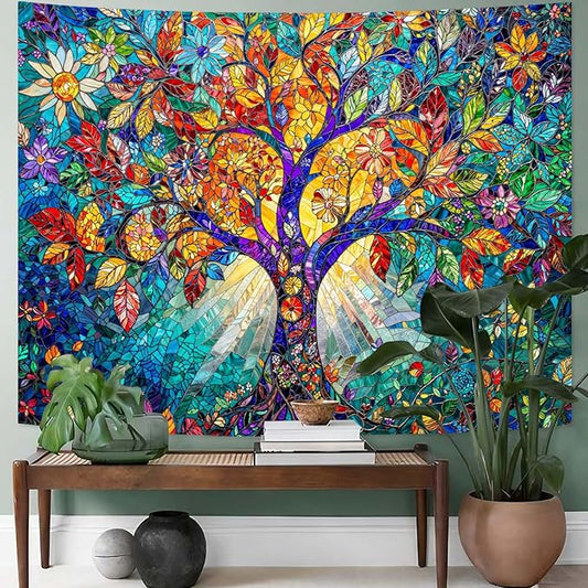Lunerfex Tree of Life Tapestry Stained Glass Tapestry Wall Decor Tapestries for Bedroom Art Tapestries Wall Hanging for Bedroom Living Room Glass-Tree-02 44"x60"