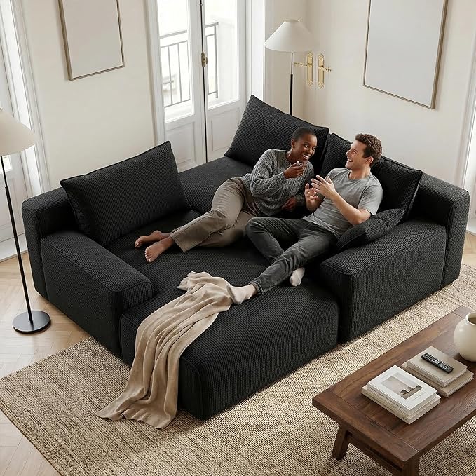Homkdom L-Shaped Cloud Boneless Couch with Deep Seat, Modular Sectional Sofa with Oversized Chaise, 6 Layouts Combination for Living Room, Apartment, No Assembly (Black Check, Left Facing Chaise)