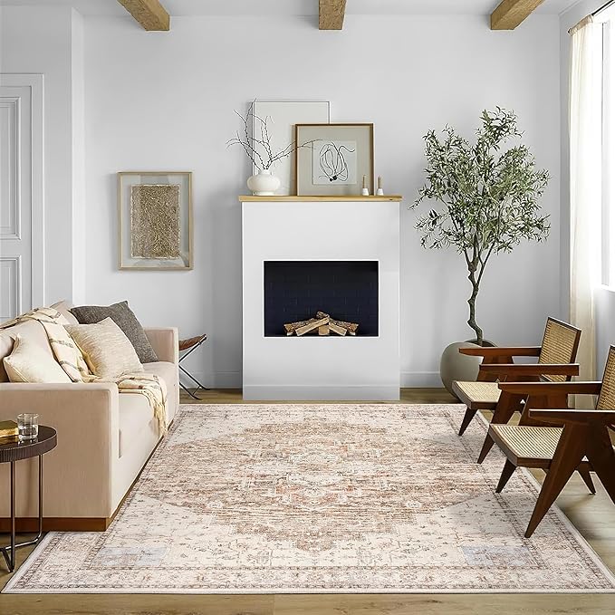 Boho Farmhouse Bedroom Rug 6x9 Washable Easy Clean Stain Resistant Vintage Country Rustic Neutral Earth Tone Area Rug for Dining Room Under Table, Light Tan Brown Beige with Rust Terracotta Pattern