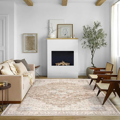 BILEEHOME Boho Neutral Living Room Rug 5x7,Washable Vintage Rustic Earth Tone Modern Farmhouse Persian Area Rugs for Dining Room Bedroom, Light Tan Brown Beige with Rust Terracotta Pattern