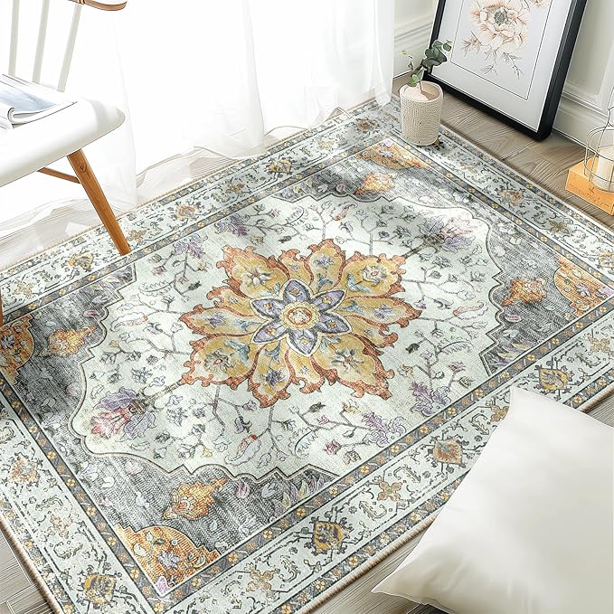 RELEANY Area Rugs 3'x4' Washable Non-Slip, Floral Vintage Distress Print Pattern Medallion Carpet for Living Room Bedroom Dining Room, Light Yellow Carbon Grey Orange