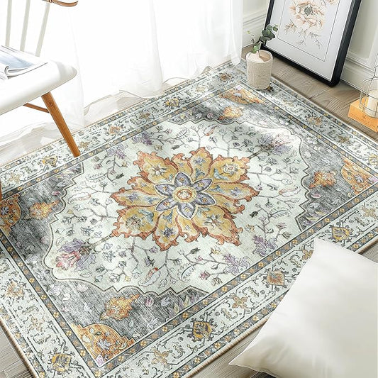 RELEANY Area Rugs 3'x4' Washable Non-Slip, Floral Vintage Distress Print Pattern Medallion Carpet for Living Room Bedroom Dining Room, Light Yellow Carbon Grey Orange
