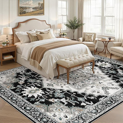 8x10 Washable Area Rugs for Living Room: Non Slip Vintage Black Rug, Large Soft Stain Resistant Indoor Floor Carpets for Bedroom Dining Room Nursery Home Office Kid & Pet Friendly