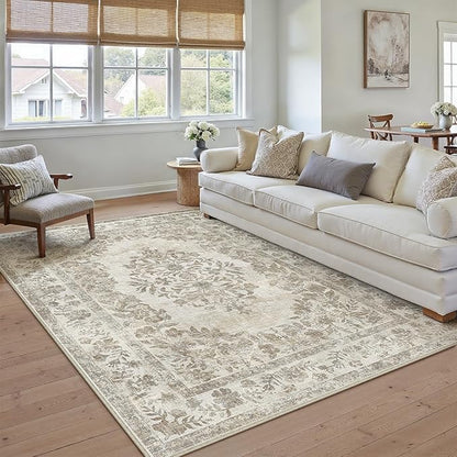 PureCozy 8x10 Area Rug Beige Washable Vintage Distressed Living Room Carpet Large Bedroom Indoor Medallion Floral Non Slip Retro Throw Floor Mat for Office Dining Room Kitchen Bathroom