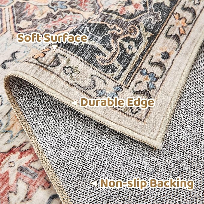 Area Rug for Living Room - 3x8 Large Soft Washable Oriental Vintage Floral Carpet Safe for Babies & Pets - Fade Stain Resistant Non Slip Rugs for Bedroom Dining Room Nursery Dorm Office Home Decor