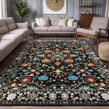 8x10 Area Rugs for Living Room, Machine Washable Vintage Rug, Non-Slip Low Pile Throw Rugs with Rubber Backing Washable Carpet for Bedroom Dining Room Kitchen Home Decor, Black