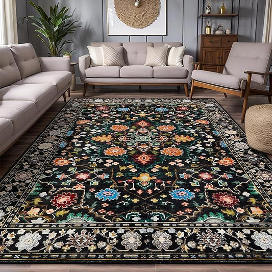 8x10 Area Rugs for Living Room, Machine Washable Vintage Rug, Non-Slip Low Pile Throw Rugs with Rubber Backing Washable Carpet for Bedroom Dining Room Kitchen Home Decor, Black