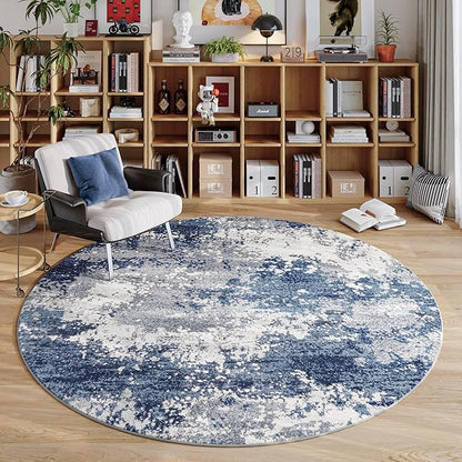 Blue Round Rugs 6ft Washable Circle Area Rug for Entryway Kitchen, Non Slip Soft Low Pile Stain Resistant, Boho Circular Carpet for Living Room Bedroom Dorm Dining Room Table, Abstract Navy