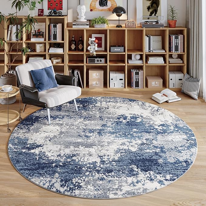 Blue Round Area Rugs 4ft Washable Circle Rug for Entryway Kitchen, Non Slip Soft Low Pile Stain Resistant, Boho Circular Carpet for Living Room Bedroom Dorm Dining Room Table, Abstract Navy