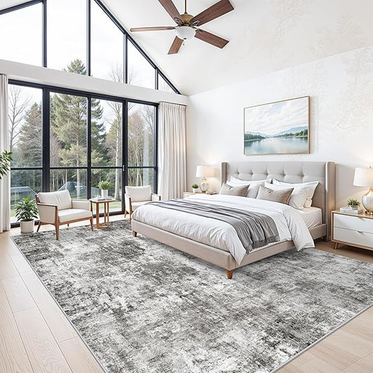 12x12ft Square Living Room Rug – Non-Slip Washable Extra Large Floor Carpet for Bedroom, Dining Room, Playroom Room – Modern Abstract Neutral Thin Low-Pile Big Indoor Rug (Grey)