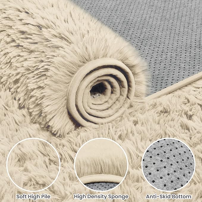 2x6 Bedside Area Rugs for Bedroom: Soft Fluffy Shag Beige Rug for Hallway, Non-Slip Fuzzy Plush Living Room Rug Indoor Floor Carpet for Kids Rooms, Dorm, Nursery, Modern Home Aesthetic Decor