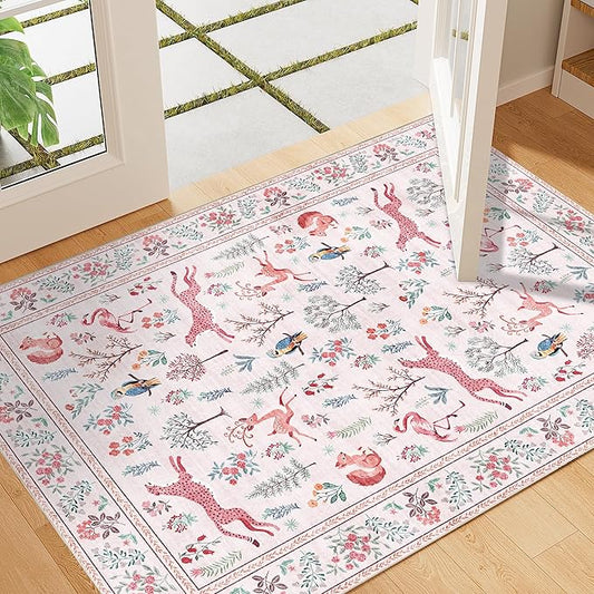 DUKINO 2x3 Rug, Washable Animal Rugs for Entryway, Non Slip Indoor Door Mat, Soft Low Pile Small Area Carpet for Entrance, Bedroom, Kitchen, Laundry, Bathroom, Pink