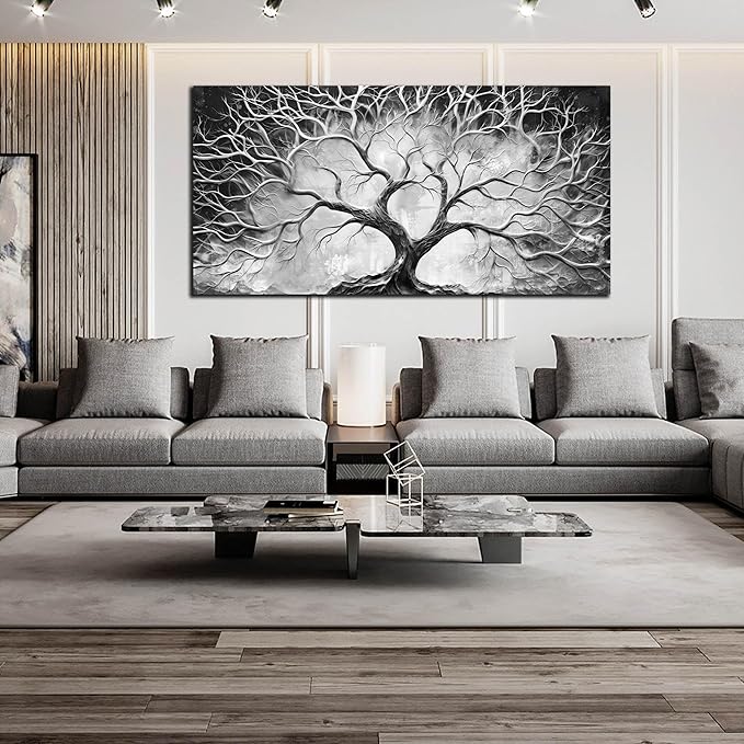 CIRABKY Tree Wall Art for Living Room - Black and White Canvas Wall Art for Office - Home Office Decor Wall Size 29" x 59"