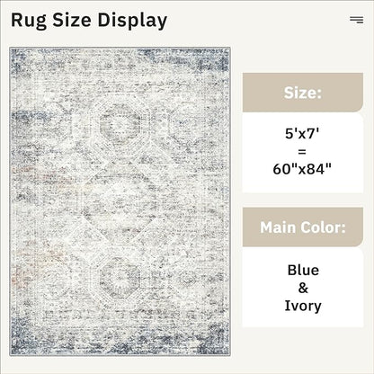 Soalmost 5x7 Area Rugs Blue Ivory Low Pile Indoor Washable Trendy Faded Style Rugs for Bedroom Living Room Dining Room Foldable Non-Slip Thin Print Mat