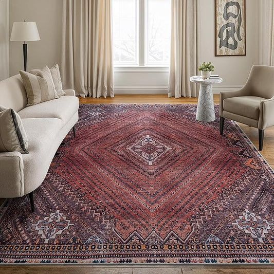 Bloom Rugs Washable Non-Slip 9' x 12' Rug - Red/Multicolor Traditional Bordered Area Rug for Living Room, Bedroom, Dining Room, and Kitchen - Exact Size: 9' x 12'