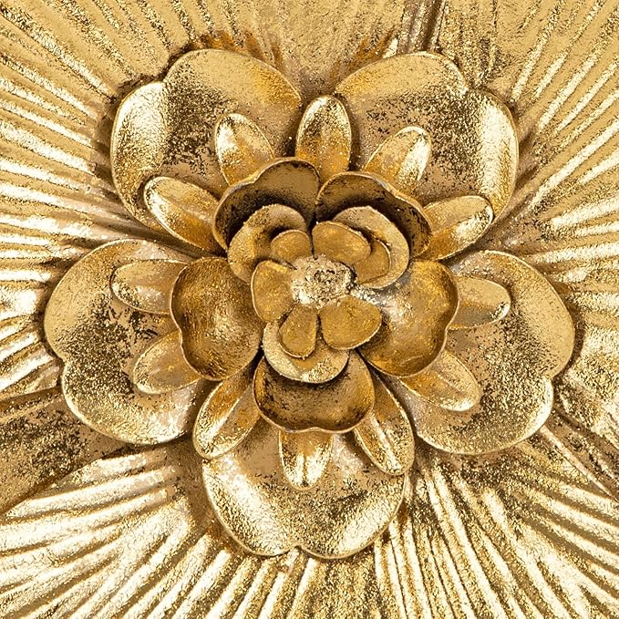 DILATATA 3 Pcs Metal Flower Wall Art Set 10 Inch Rustic Modern Floral Sculpture 3D Metal Flower Wall Hanging Accent for Indoor Living Room Bedroom Kitchen Bathroom Garden Patio Decor - Gold