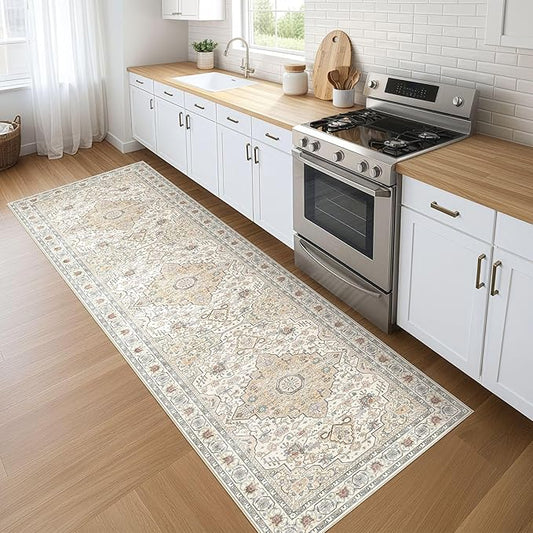Runner Rug Kitchen Washable Rugs: 3x10 Non-Slip Boho Soft Vintage Stain Resistant Indoor Floor Neutral Farmhouse Throw Carpet for Hallway Bathroom Laundry Room Entryway Bedroom- Cream