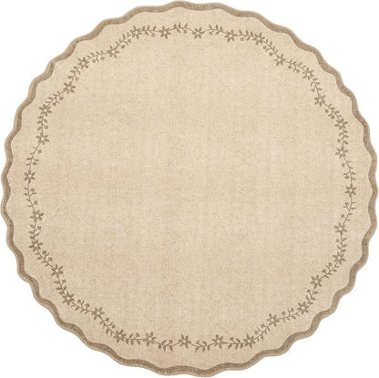 GarveeHome Round Area Rugs 4ft for Kids Room, Solid Jute Scalloped Washable Circle Rug Soft Non Slip Floral Print Floor Mat Tan Carpet Indoor Thin Tent Rug for Bedroom Dining Room Playroom Nursery