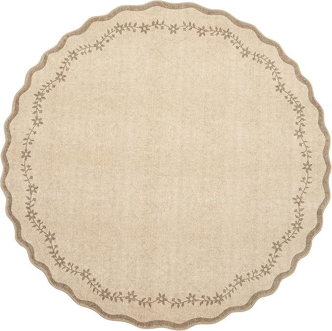 GarveeHome Round Area Rugs 8ft for Living Room, Large Solid Jute Washable Circle Rug Soft Non Slip Forest Animal Print Floor Mat Tan Carpet Indoor Thin Rug for Bedroom Dining Room Playroom Nursery