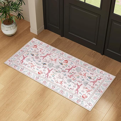 DUKINO 2x4 Rug for Hallway, Washable Kitchen Runner Rug with Non Slip Backing, Soft Low Pile Vintage Animal Runner for Bedroom, Kitchen, Hallway, Entryway, Laundry, Pink