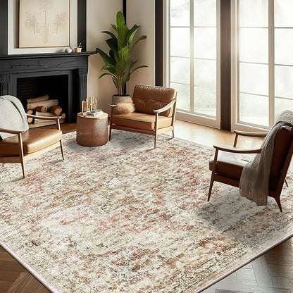 CHAMPLANT Washable Area Rug 9'x12' Retro Boho Design Non-Shedding Easy Care Ideal for High Traffic Areas in Living Room Bedroom Office Coffee Table Kitchen Large Carpet