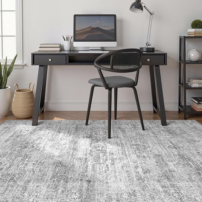 Grey Rug 7x9 Area Rug: Washable Boho Large Vintage Neutral Soft Rugs Stain Resistant Farmhouse Non-Slip Indoor Floor Carpet for Living Room Bedroom Playroom Office Dining Room Apartment Dorm