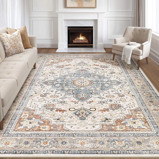 7x10 Area Rug Living Room: Washable Boho Large Neutral Vintage Soft Rug Stain Resistant Distressed Farmhouse Non-Slip Indoor Floor Carpet for Bedroom Nursery Kids Office Dining Room- Beige Blue