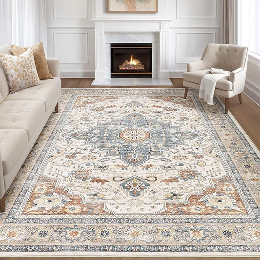7x10 Area Rug Living Room: Washable Boho Large Neutral Vintage Soft Rug Stain Resistant Distressed Farmhouse Non-Slip Indoor Floor Carpet for Bedroom Nursery Kids Office Dining Room- Beige Blue
