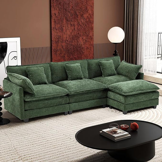 Ihanherry 111.4" L Shaped Modern Sofa Modular Sectional Cloud Couch with Ottoman, 4-Seat Chenille Deep Seat Sofa with Pillow for Living Room, Bedroom and Apartment, Green