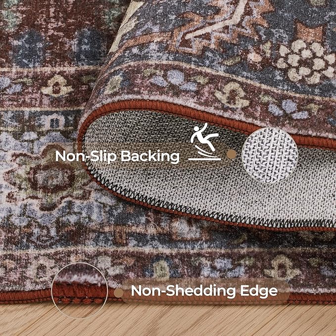 Kokia 8x10 Maroon Moody Area Rugs with Vintage Orient Design, Soft Washable Rug for Living Room or Bedroom, Non-Slip Low Pile Stain Resistance Features, Medallion Pattern