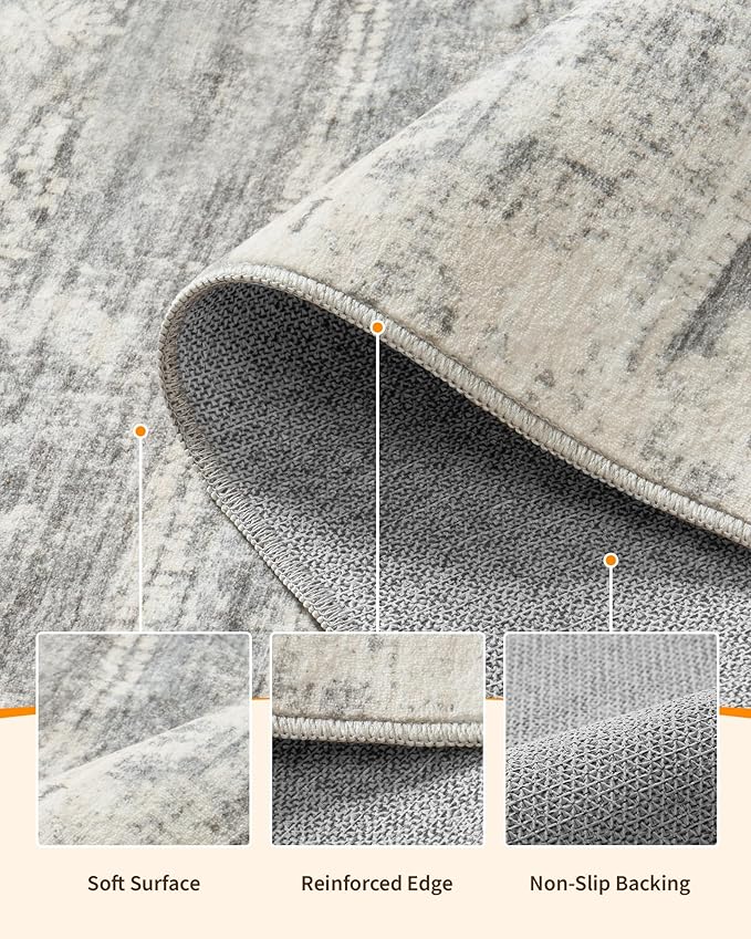 6x9 Area Rug for Living Room - Stain Resistant Machine Washable Non-Shedding Modern Abstract Rug, Soft Thin Indoor No Slip Carpet for Bedroom, Dining Table, Home Kitchen- Charcoal Grey (6'x9')
