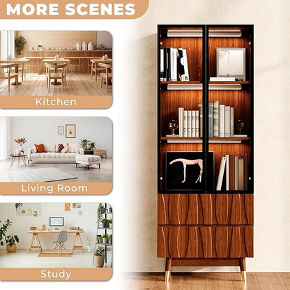 62.9'' Tall Mid Century Modern Lighted Glass Display Cabinet with Two Drawers, Walnut Finish Brown Dining China Hutch with 3 Tiers Storage Shelves, Wooden Curio Showcase for Living Room Kitchen