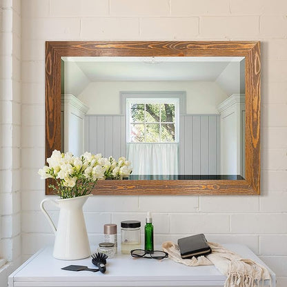 Wexford Home Maple Rustic Mirror Rectangular Barnwood Framed Wall Mirror for Home Decor, Vertical or Horizontal Hanging, 41x29