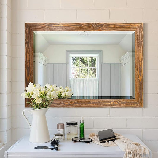 Wexford Home Maple Rustic Mirror Rectangular Barnwood Framed Wall Mirror for Home Decor, Vertical or Horizontal Hanging, 41x29