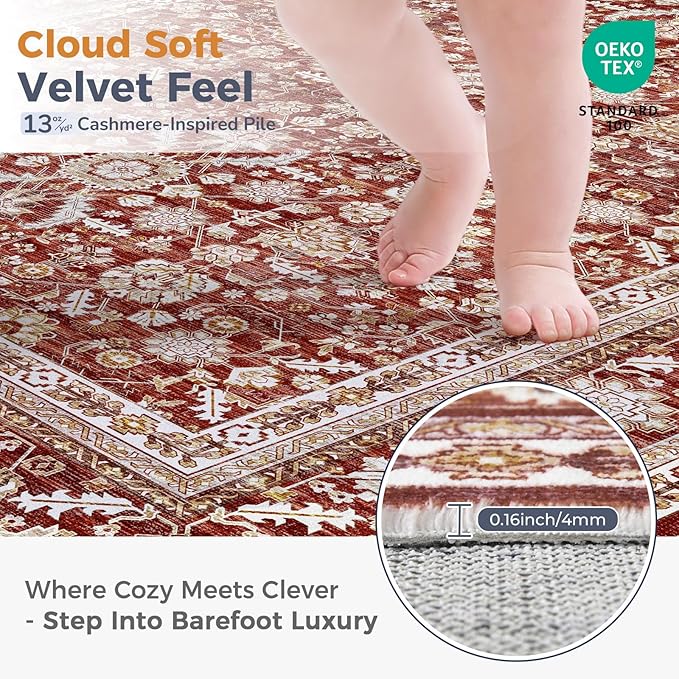OPPODREAM Vintage Red Area Rugs 5x7, 5 x 7 Retro Washable Rug Non Slip, Low-Pile Faux Wool Carpet, Distressed Floor Mat for Living Room, Bedroom, Kitchen, Office, Dorm, Dinning Room