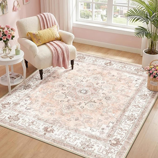 CAPALOCA Machine Washable Rugs Nursery Rug Sq4ft Cute Girl Non Slip Low Pile Water Repellent Soft Print Pattern for Bedroom Indoor Decor Kids Playroom Pink