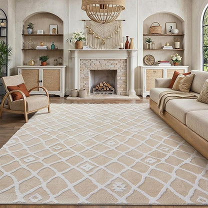PureCozy 8x10 Area Rug for Living Room Beige Ivory Washable Bedroom Rug Non Slip Soft Modern Moroccan Neutral Shag Checkered Carpet Boho Dining Room Office Playroom Nursery