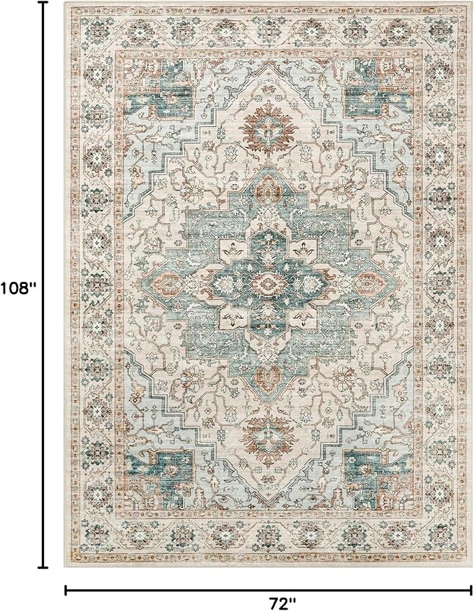 6x9 Area Rugs for Living Room, Machine Washable Non Slip Vintage Rug, Non-Slip Stain Resistant, Large Soft Home Decor Rug for Bedroom Dining Room (Green/Beige, 6'x9')