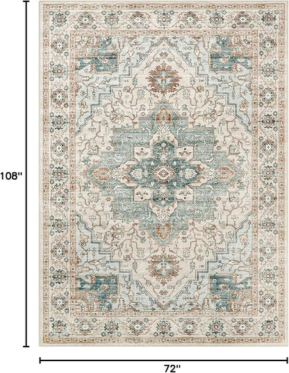 6x9 Area Rugs for Living Room, Machine Washable Non Slip Vintage Rug, Non-Slip Stain Resistant, Large Soft Home Decor Rug for Bedroom Dining Room (Green/Beige, 6'x9')